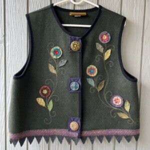 Jennifer Sly Kirk Artclothes 100 % Wool Vest M/L Handmade Buttons, Floral Appliq